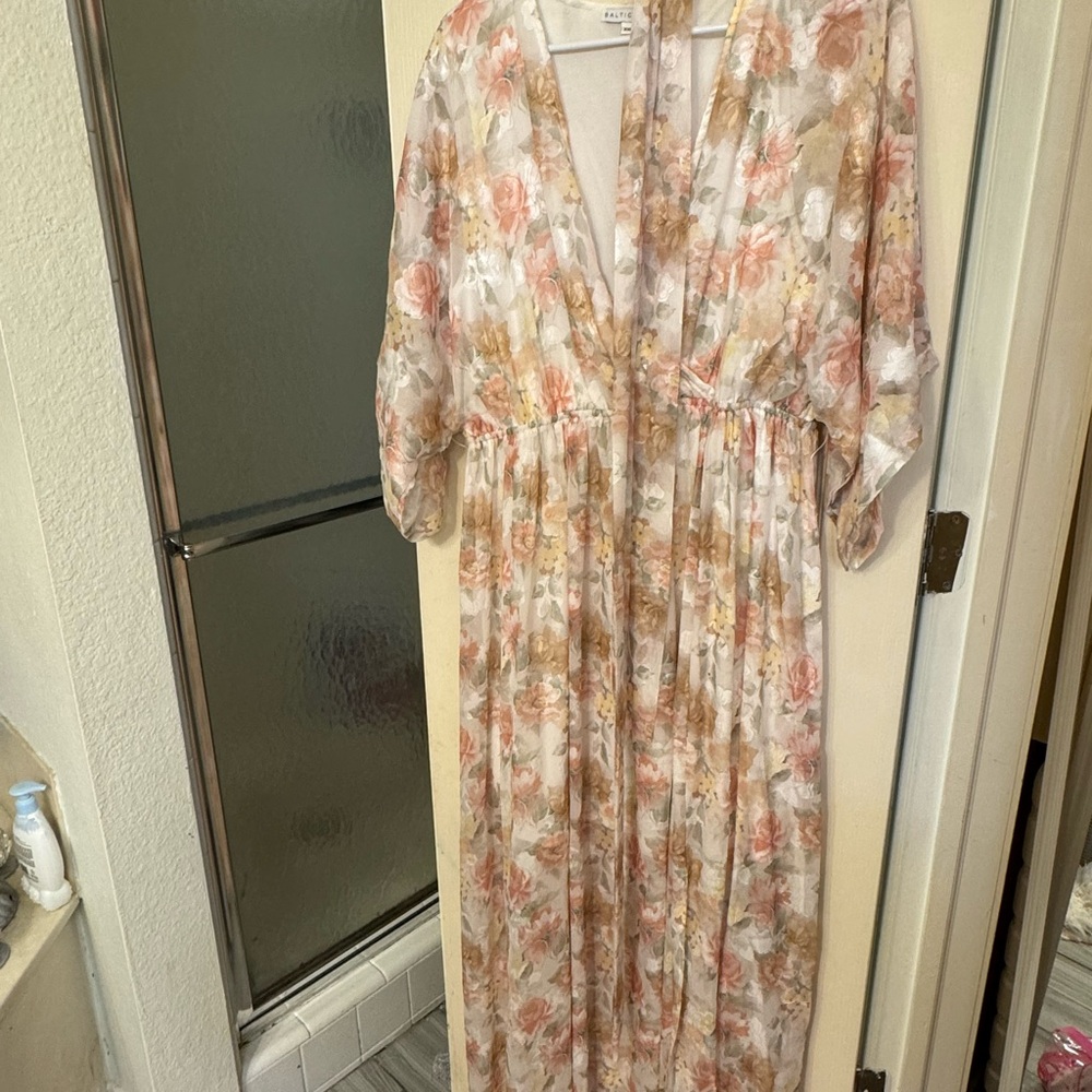 Baltic Born Pink and White Wrap Sundress with Bishop Sleeves